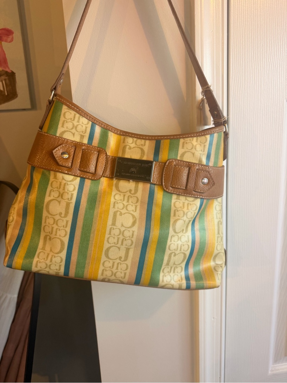 Vintage Caribbean Joe multicolored Striped Shoulder Bag with Tan Leather Trim